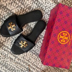 Tory Burch Black Slides with Gold Emblem